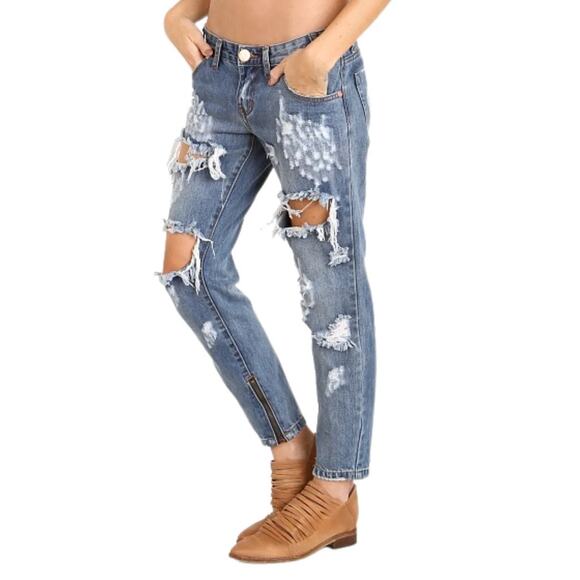 One Teaspoon Denim - One Teaspoon Sz 26 Blue Denim Heavy Distressed Zip Ankle Low Rise Skinny Jeans